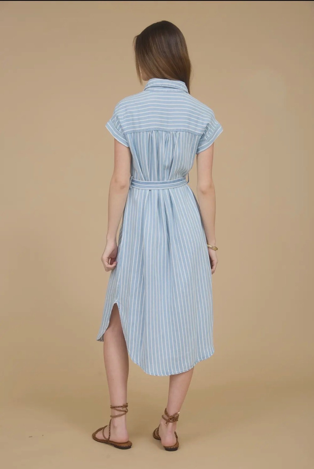 Stripe Chambray Collared Tie Belt Strap Midi Dress