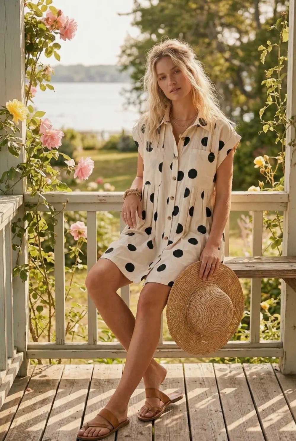Polka Dot Button Down Pleated Poplin Mini Dress