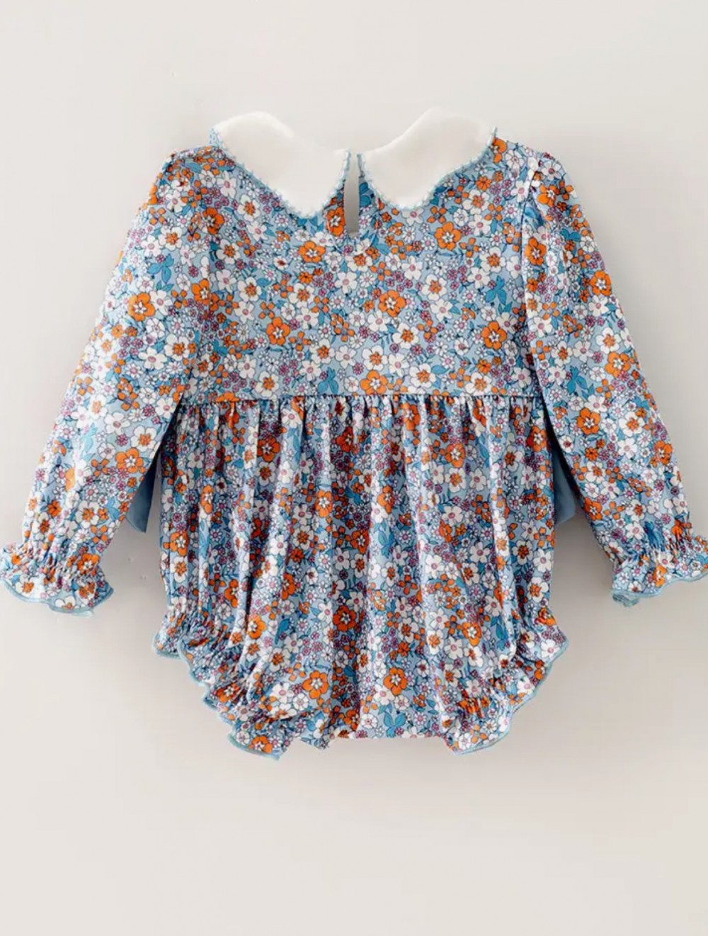 Blue Floral Fall Pumpkin Bubble Baby Romper