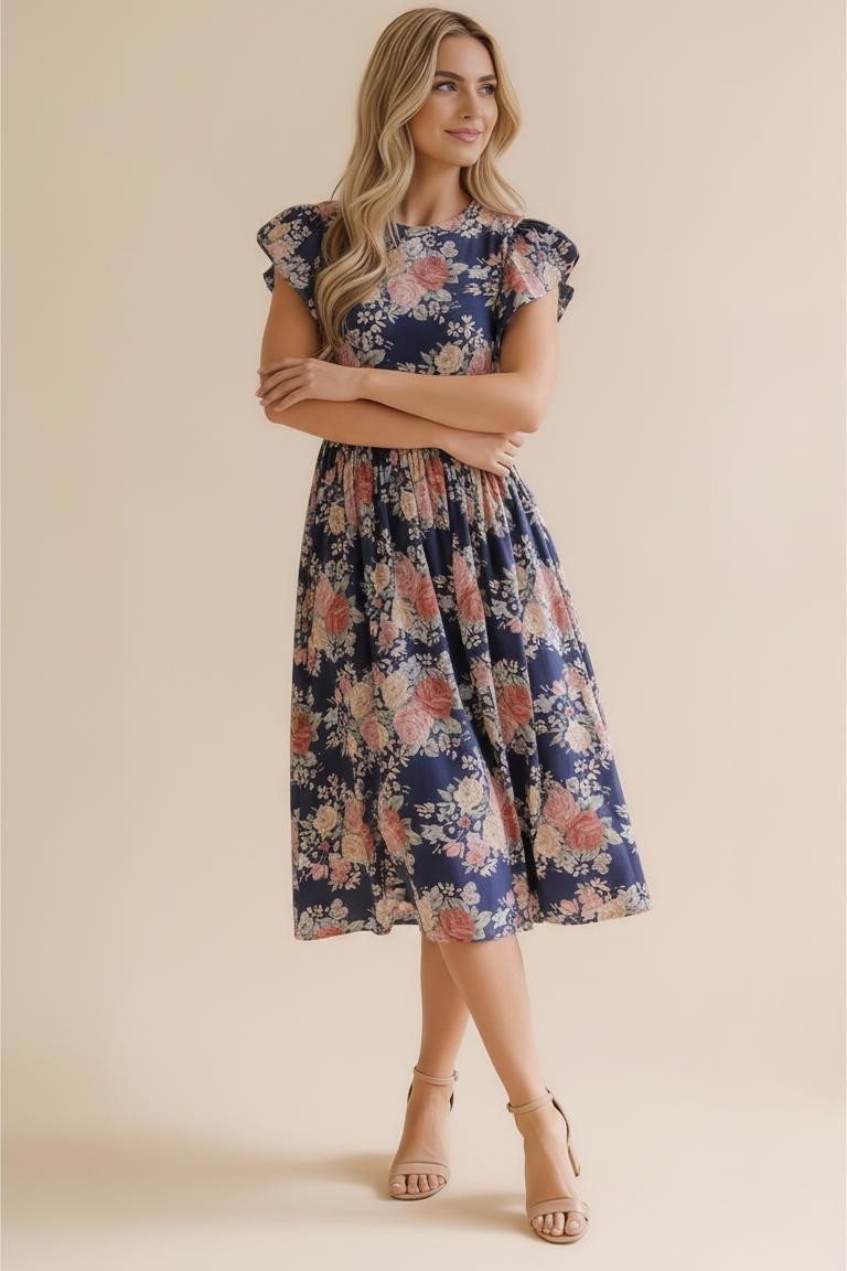 Folded Ruffle Sleeve Babydoll Floral Knit Dress