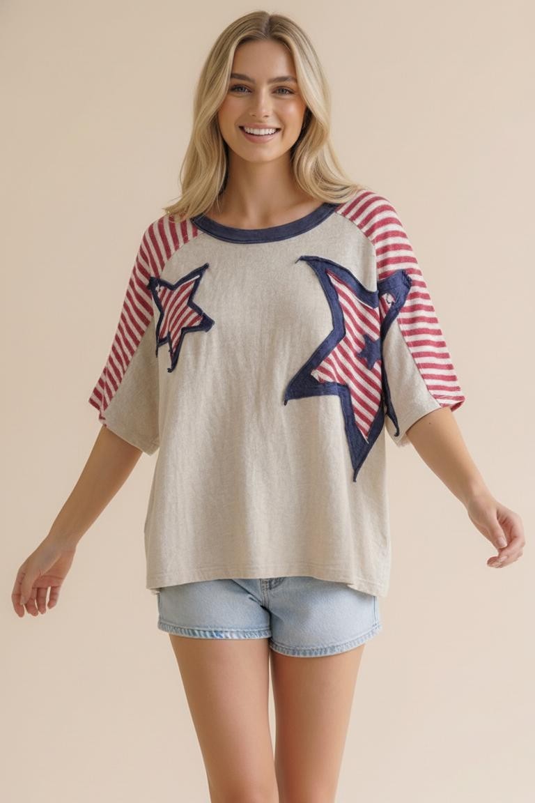 Oversized Star Patch Stripe Color Block Top