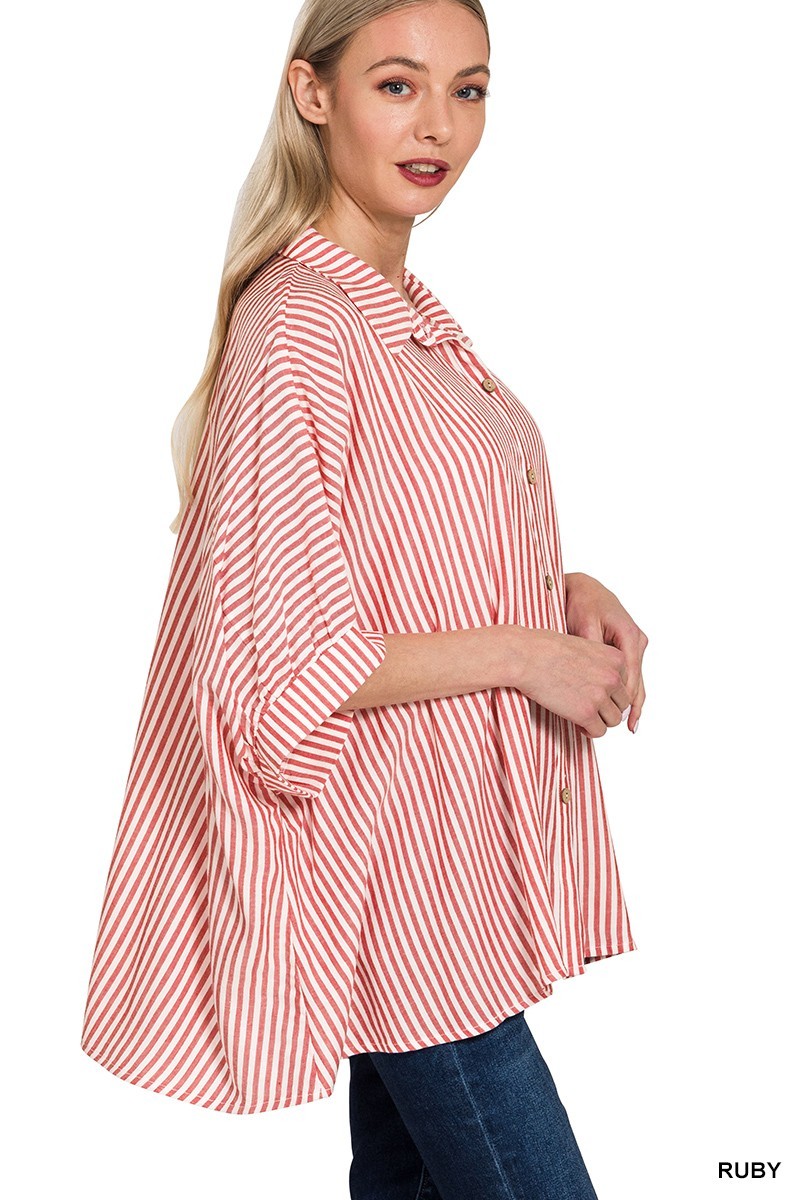 Rayon Striped Short Sleeve Button Up Shirt - Ruby