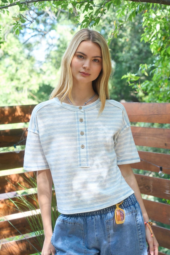 Stripe Exposed Seam Henley Boxy Knit Top