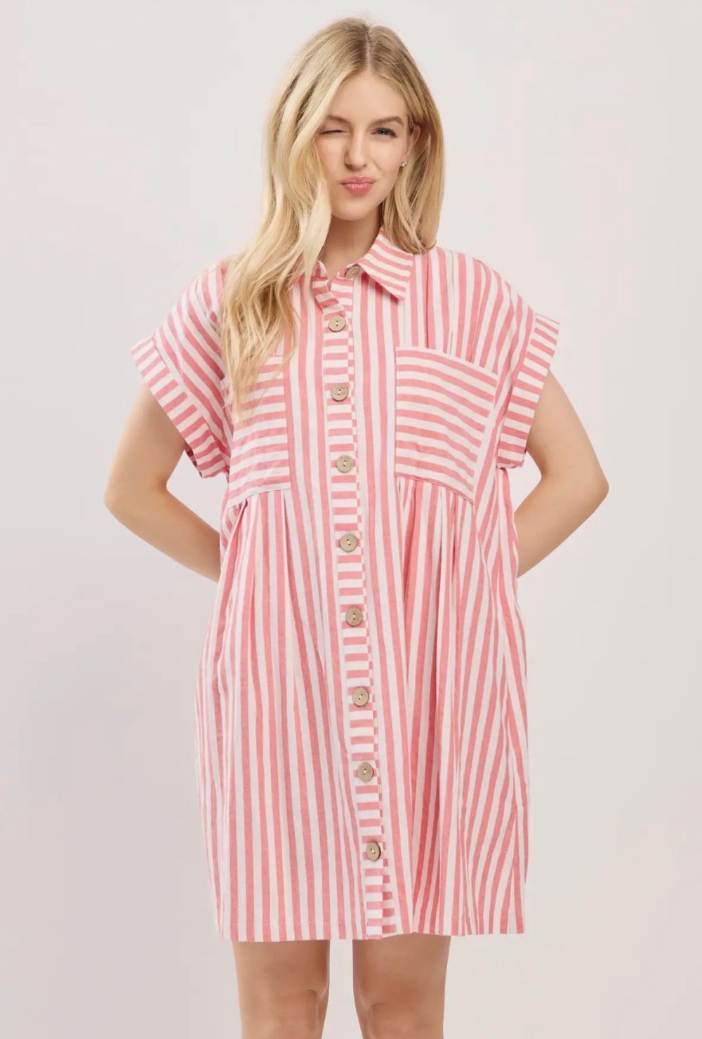 Cotton Striped Button Down Tunic Dress