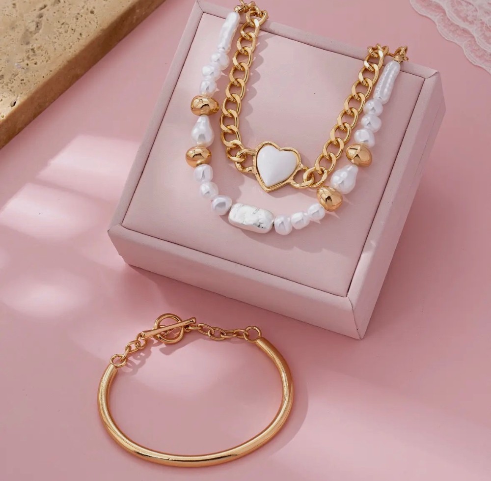 Rectangle Stone Heart Charm Multi Layer Bracelet