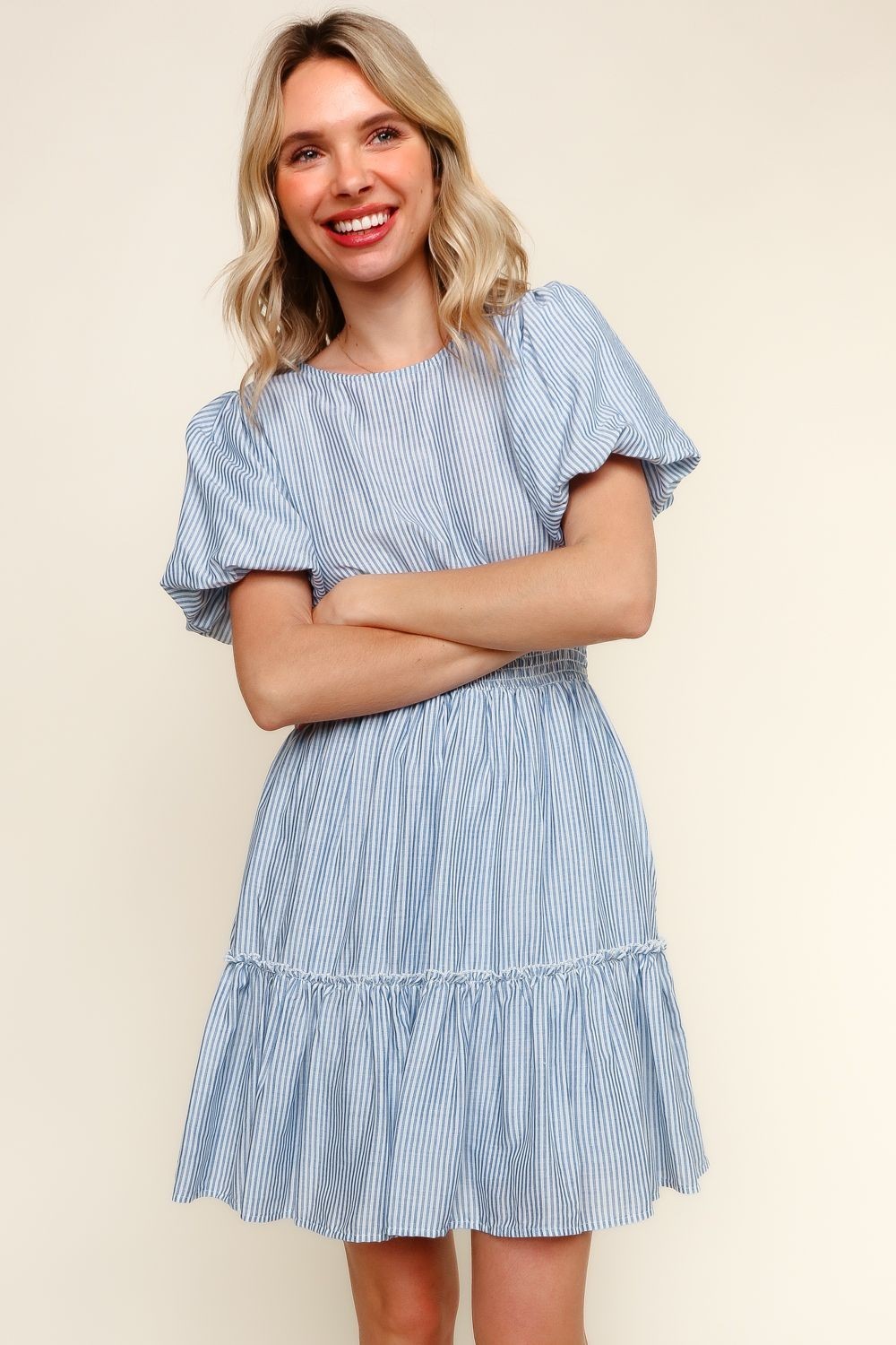 Bubble Sleeve Smock Tiered Stripe Dress