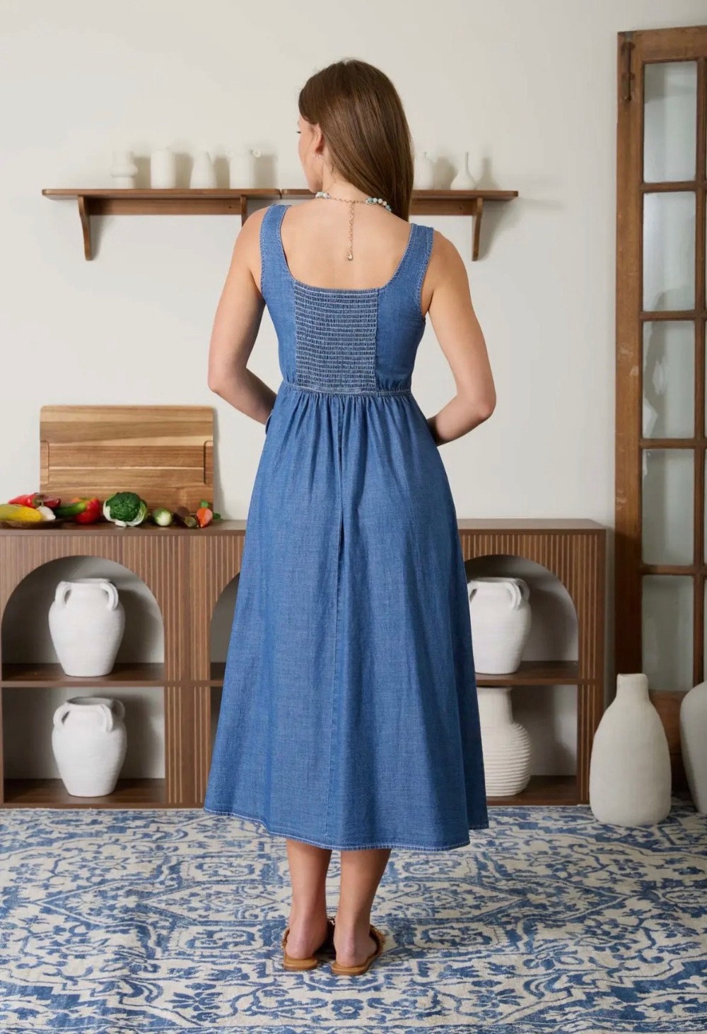 Scoop Neck Sleeveless Button Down Denim Midi Dress