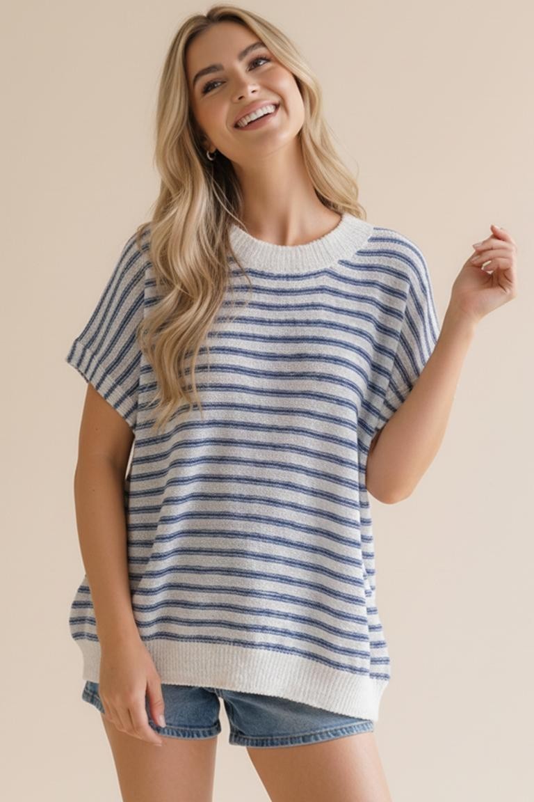 Dolman Short Sleeve Stripe Sweater Knit Top - Blue