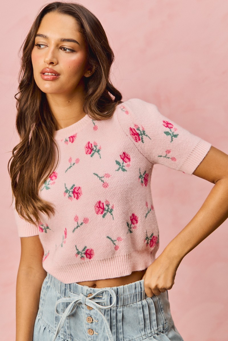 Floral Pattern Knit Puff Sleeves Sweater Top