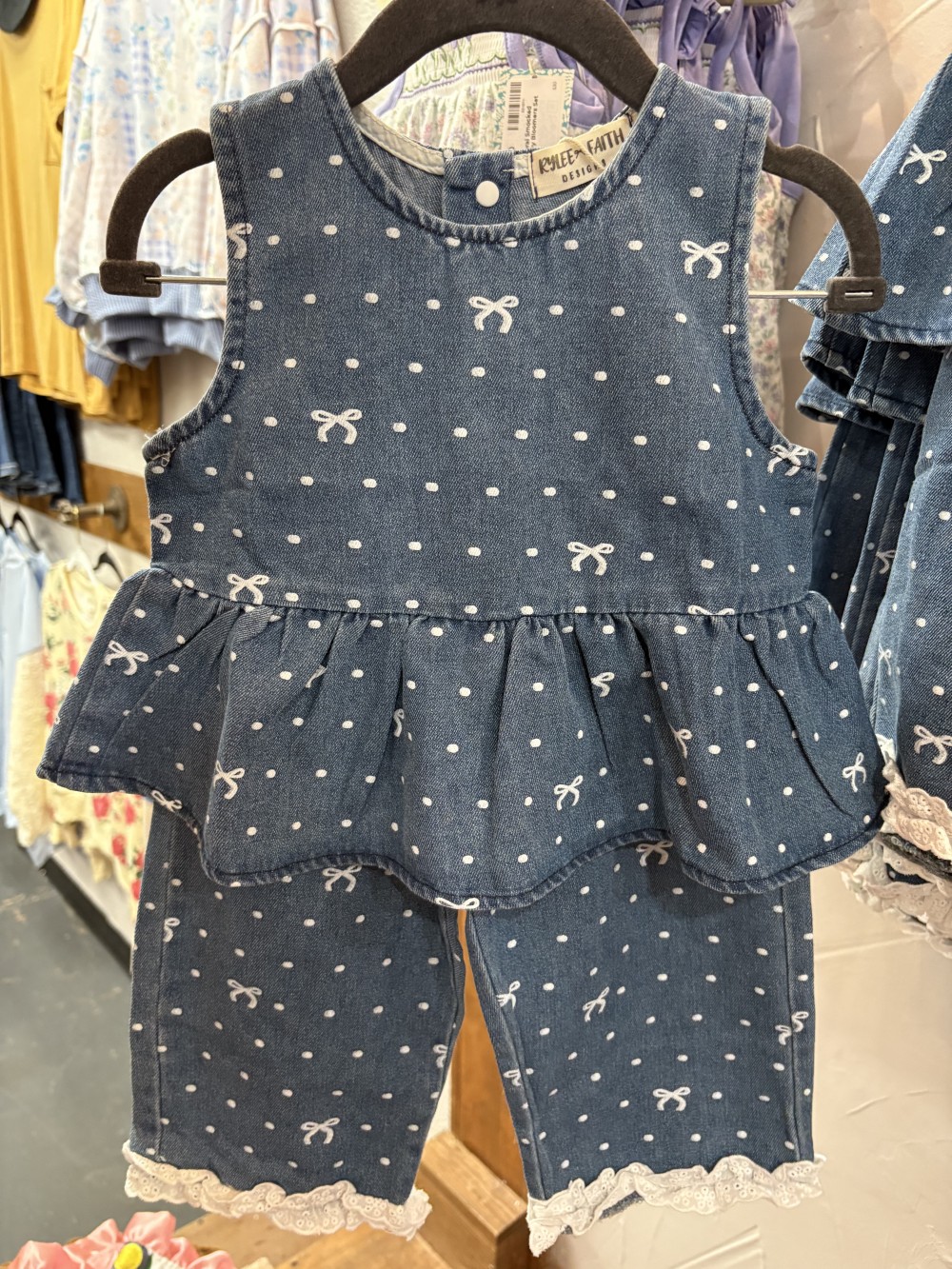 Bow Dot Denim Ruffle Set
