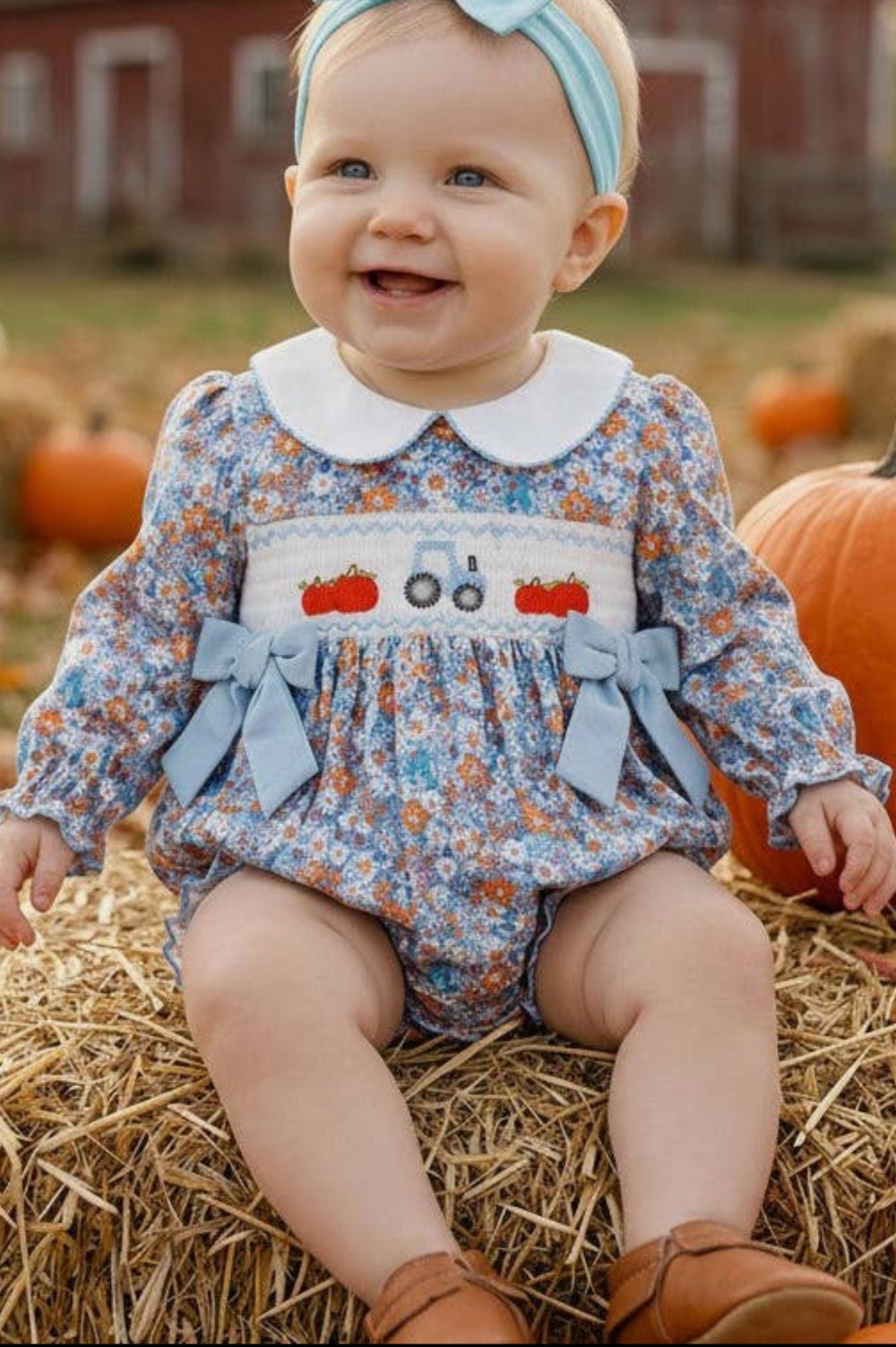 Blue Floral Fall Pumpkin Bubble Baby Romper