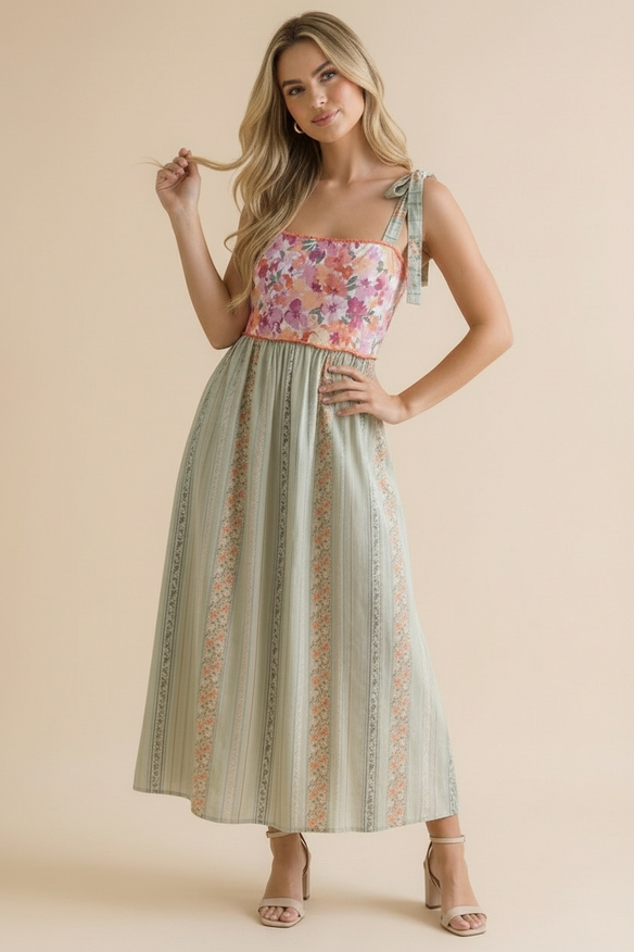 Floral Tube Tie Shoulder Woven Midi Dress - Coral