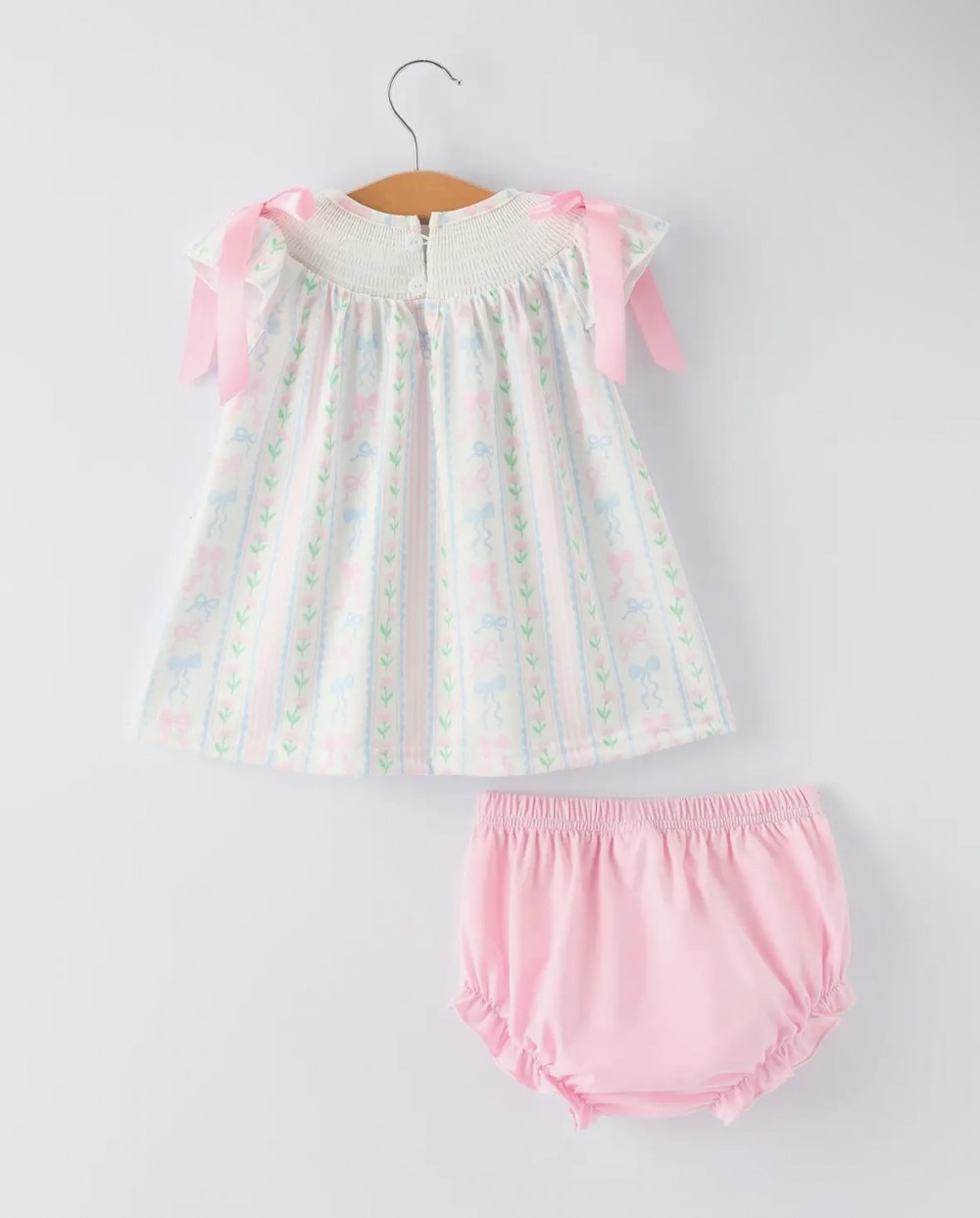 Stripe Smocked Pink Bow Baby Girls Bloomers Set