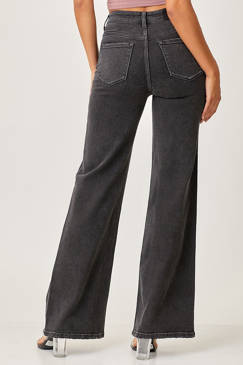 Mid Rise Flap Slim Wide Leg Jeans