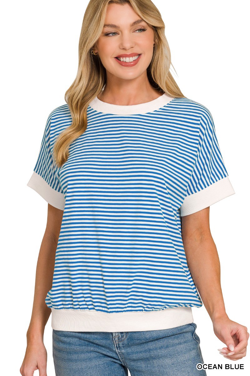Stripe Contrast Trim Rib Banded Top - Ocean Blue
