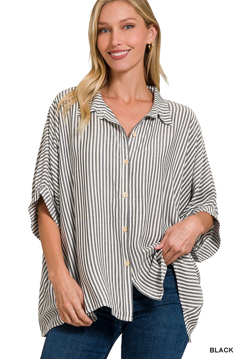 Rayon Striped Short Sleeve Button Up Shirt - Black