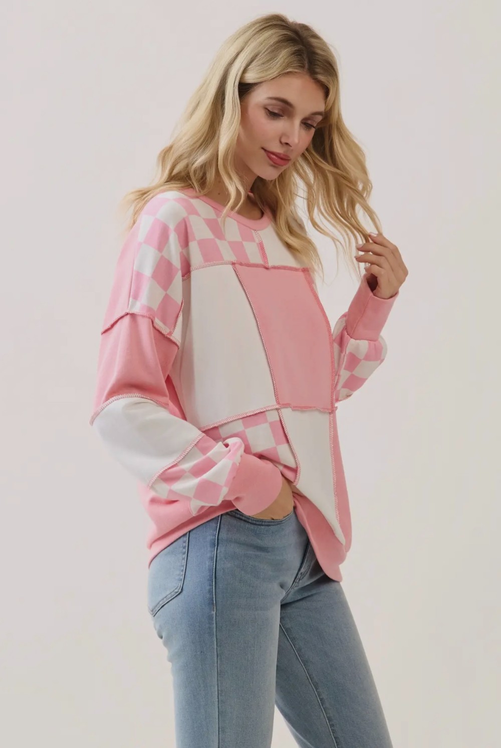 Checkered Print Patchwork Pullover Top- Pink