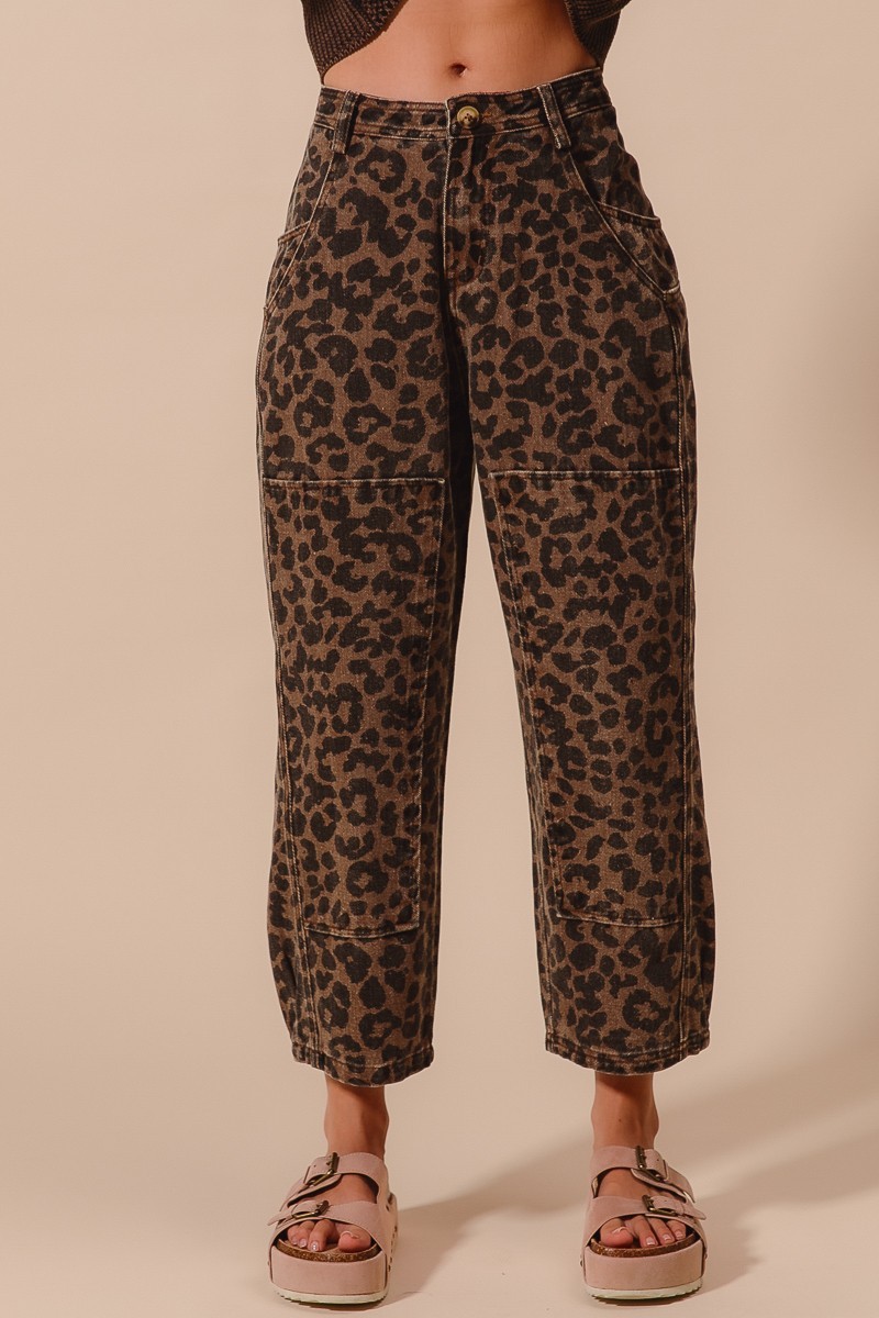 Two Toned Leopard Print Twill Mid Rise Wide Pants