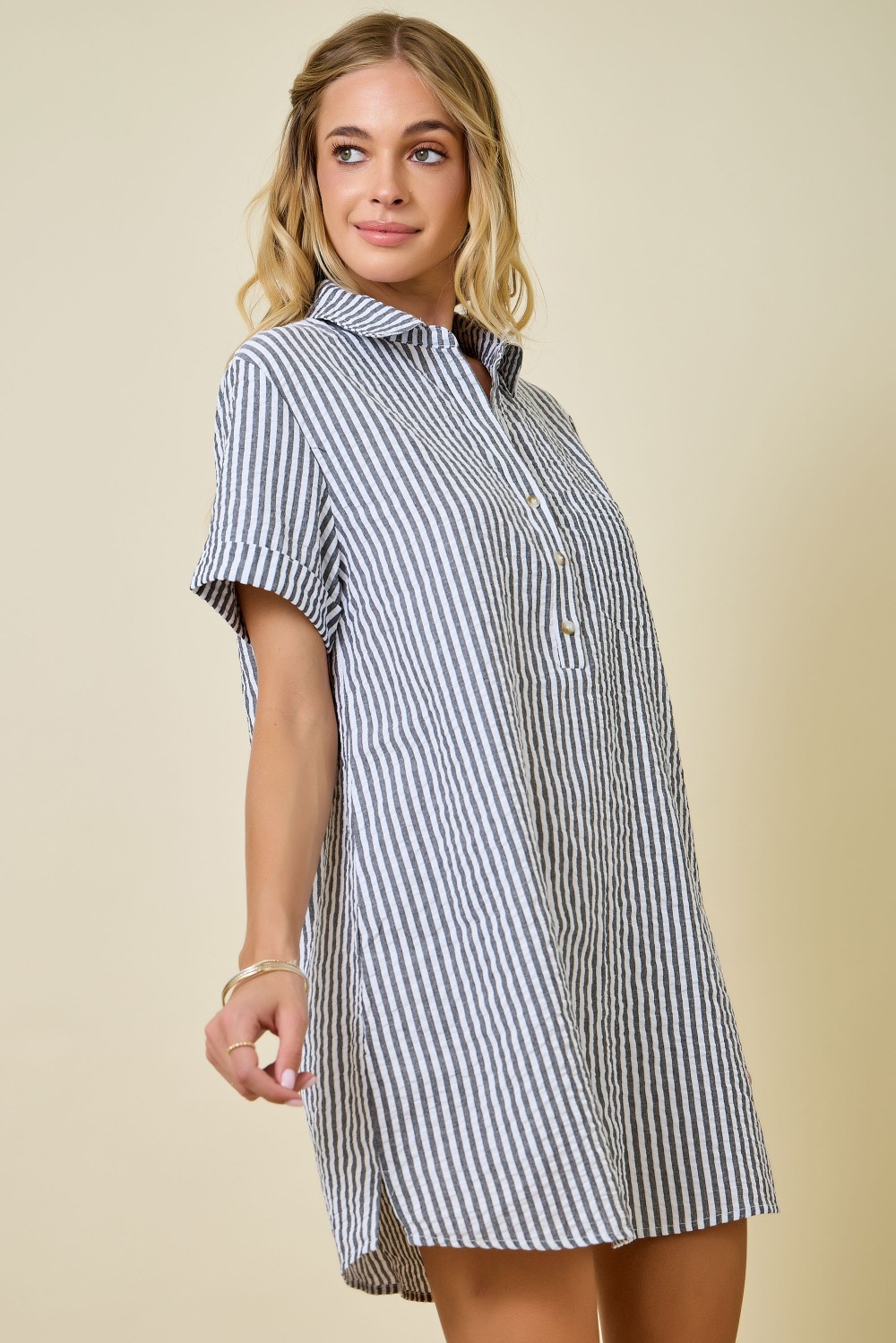 Striped Seersucker Easy Shirt Dress W/ Pockets - Black