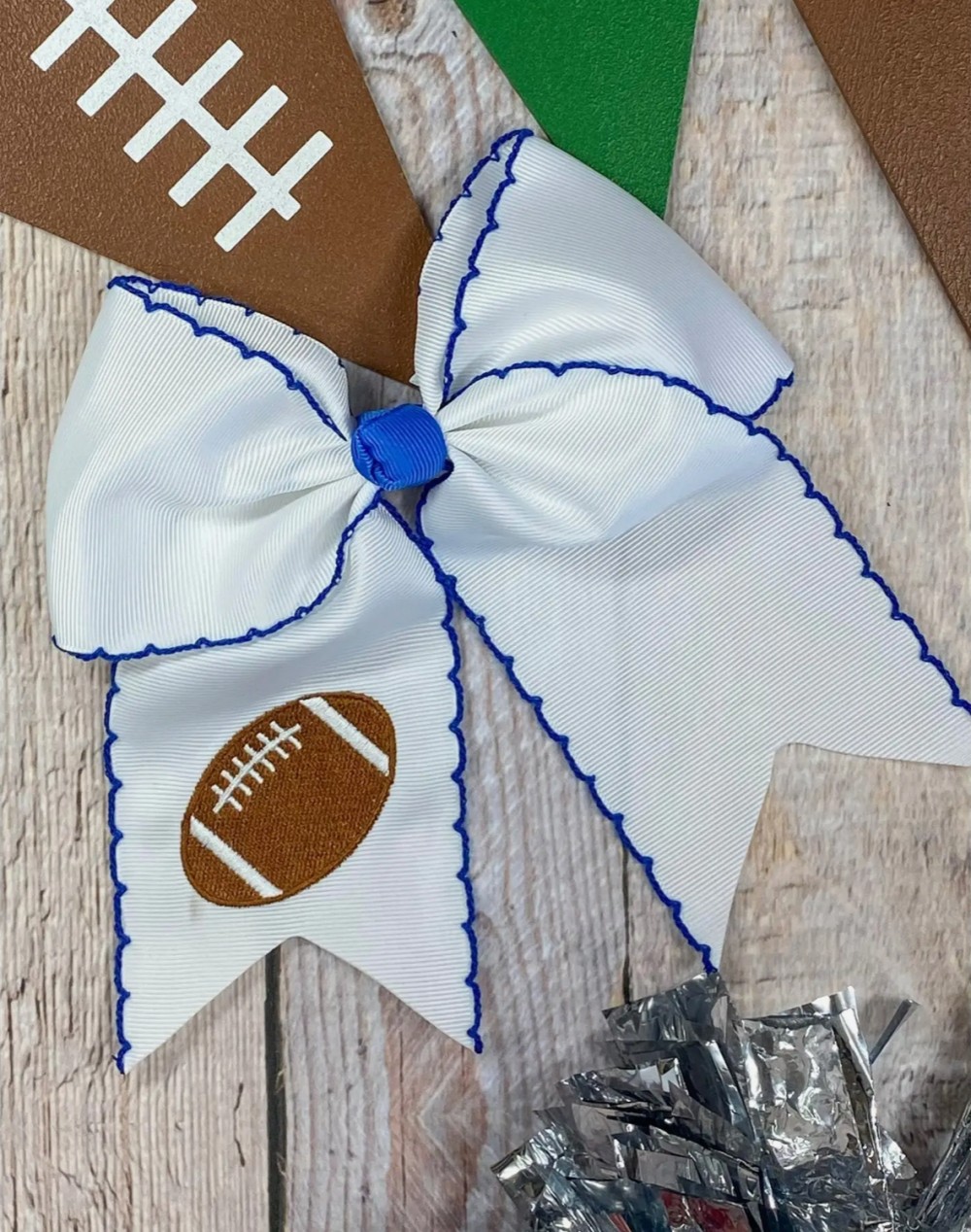 Blue Football Embroidered Cheer Bow On Clip