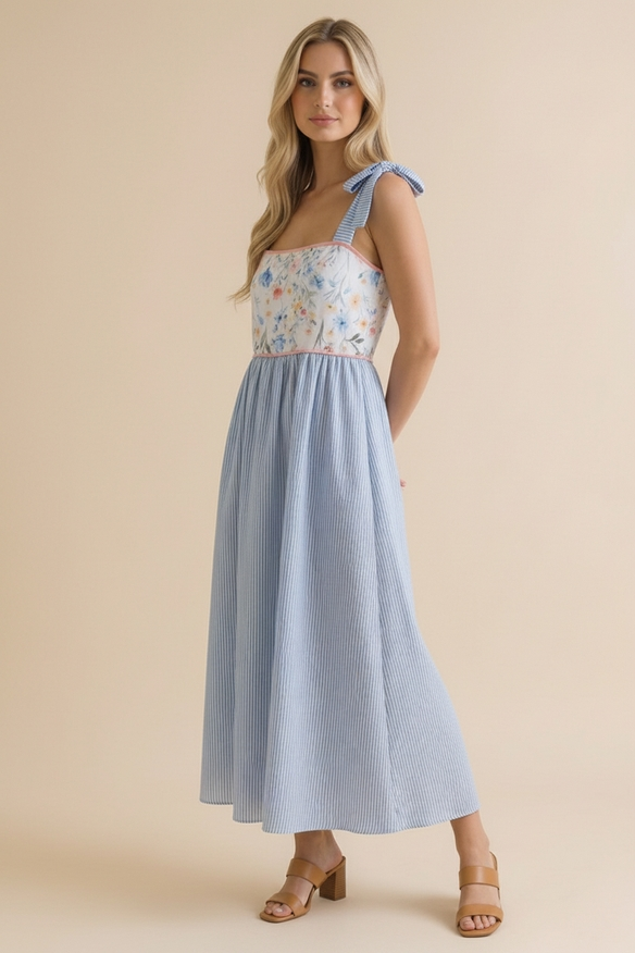 Floral Print Tube Top Bow Strap Dress -Blue