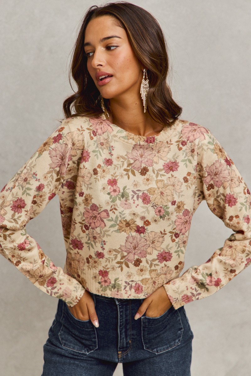 Floral Crew Neck Long Sleeves Sweater Knit Top