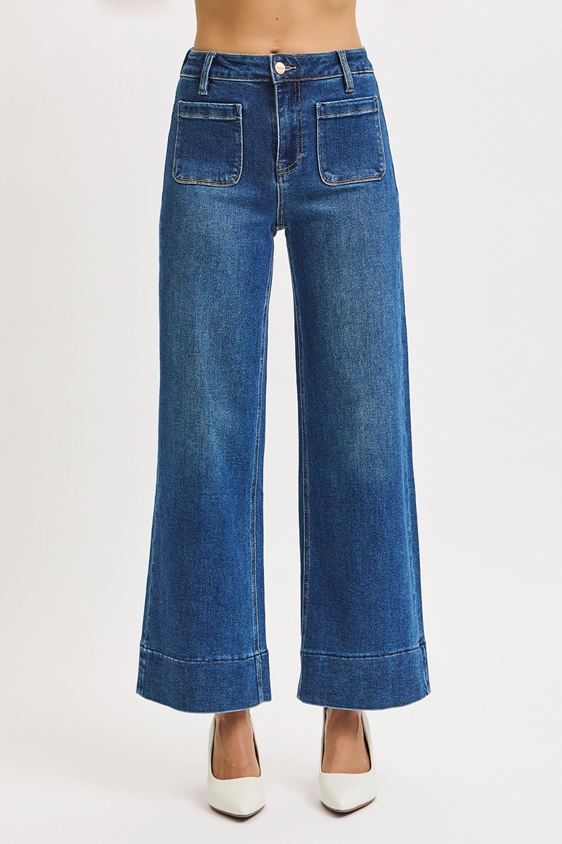 RISEN High Rise Crop Wide Front Patch Pocket Jeans