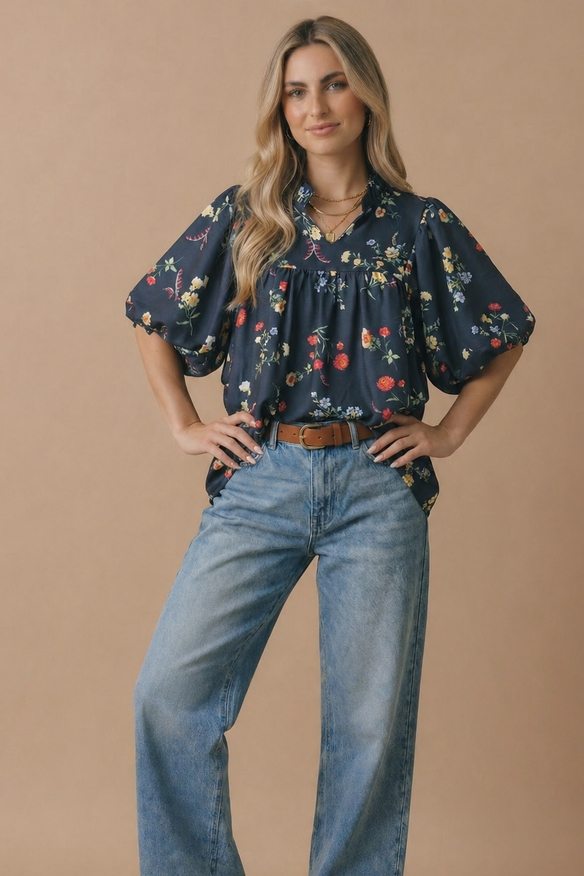 Notch Neck Floral Empire Waist Woven Top