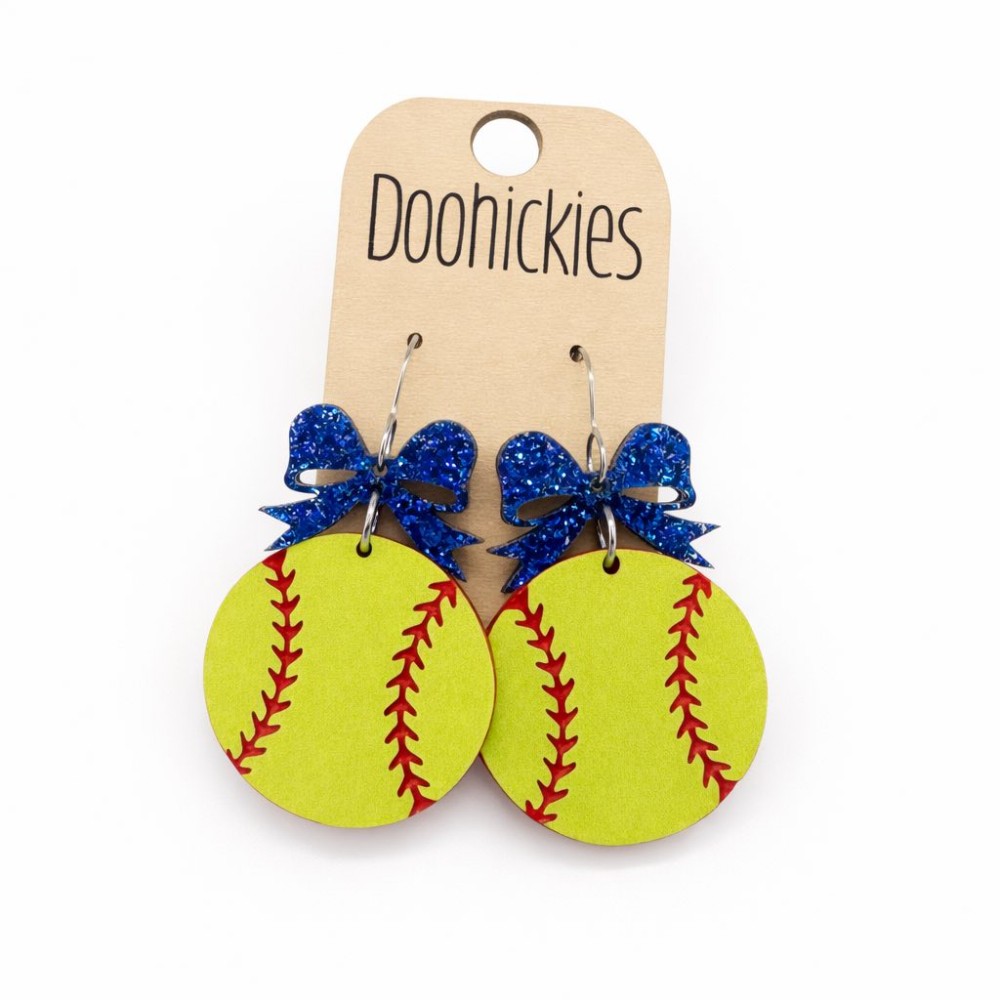 Blue Glitter Bow Softball Dangle Earrings
