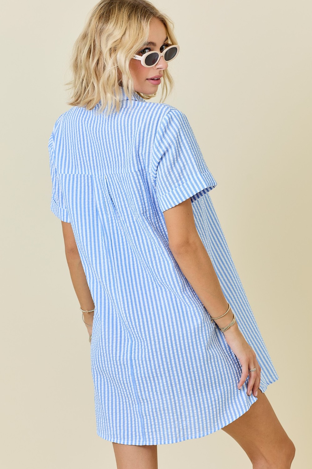 Striped Seersucker Easy Shirt Dress W/ Pockets - Blue