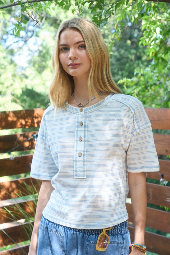 Stripe Exposed Seam Henley Boxy Knit Top