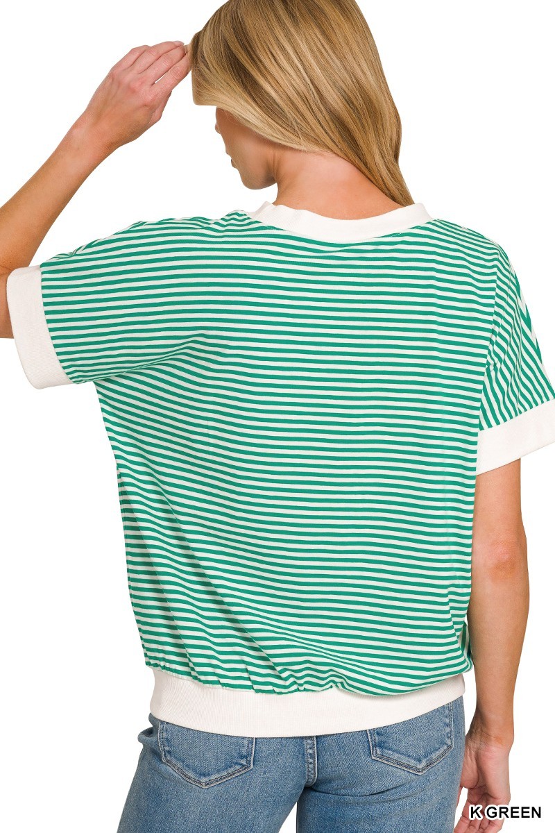Stripe Contrast Trim Rib Banded Top - Kelly Green