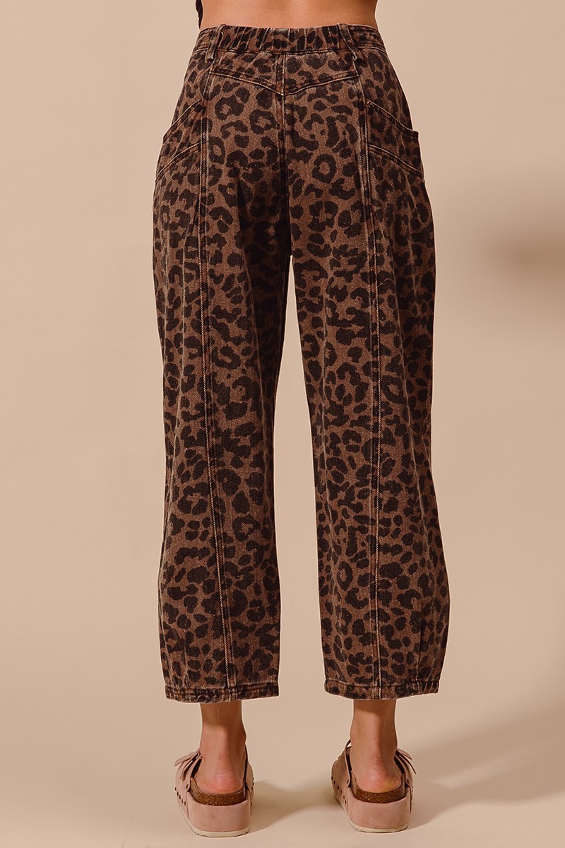 Two Toned Leopard Print Twill Mid Rise Wide Pants