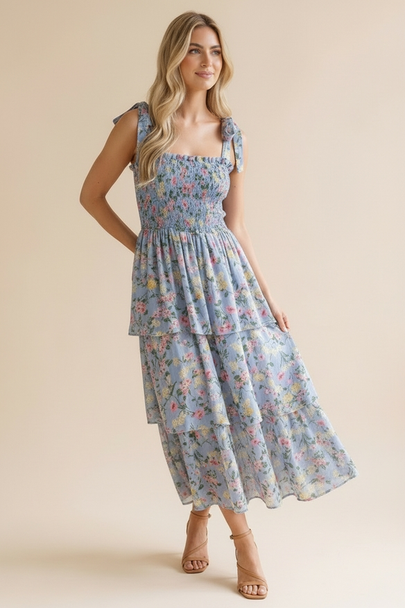 Smocking Bow Tied Tiered Floral Maxi Dress