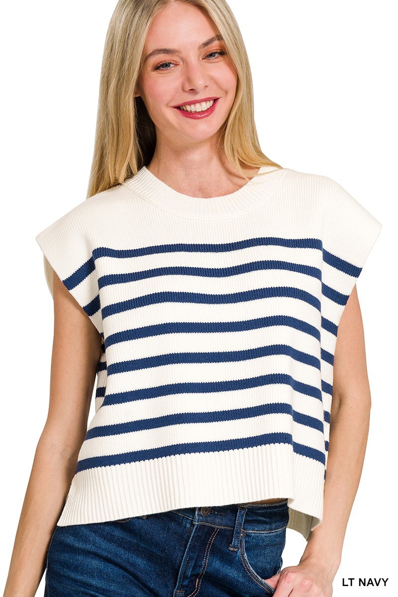 Oversized Crew Neck Stripe Sweater Vest - Navy