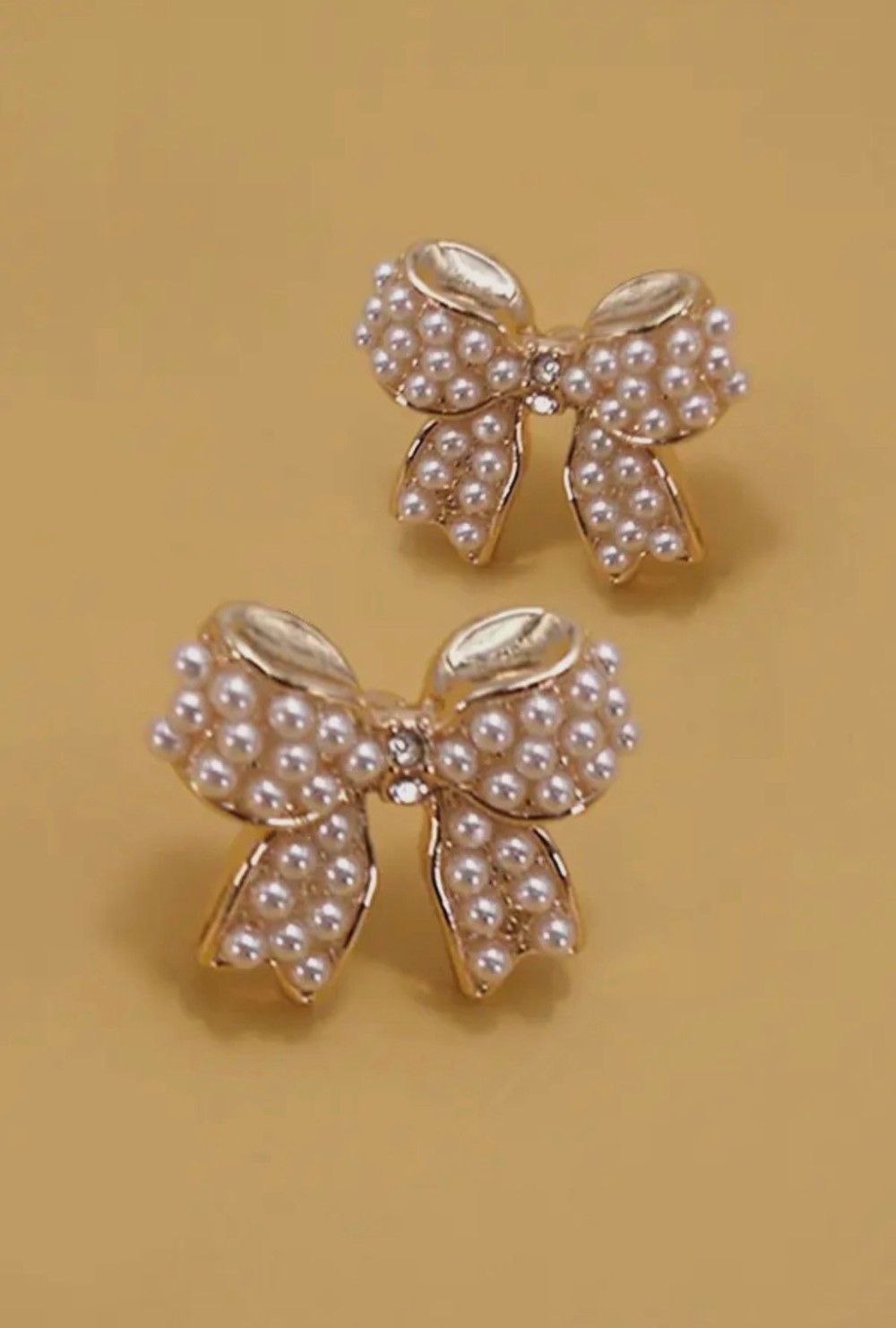 Mini Pearl Bow Ribbon Gold Earrings