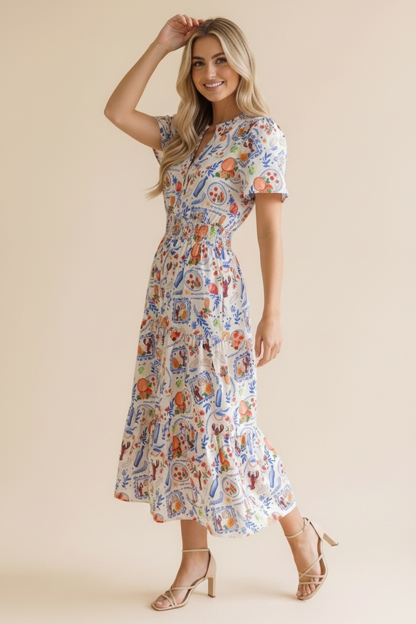 Notch Neck Smocked Waist Lobster Maxi Dress