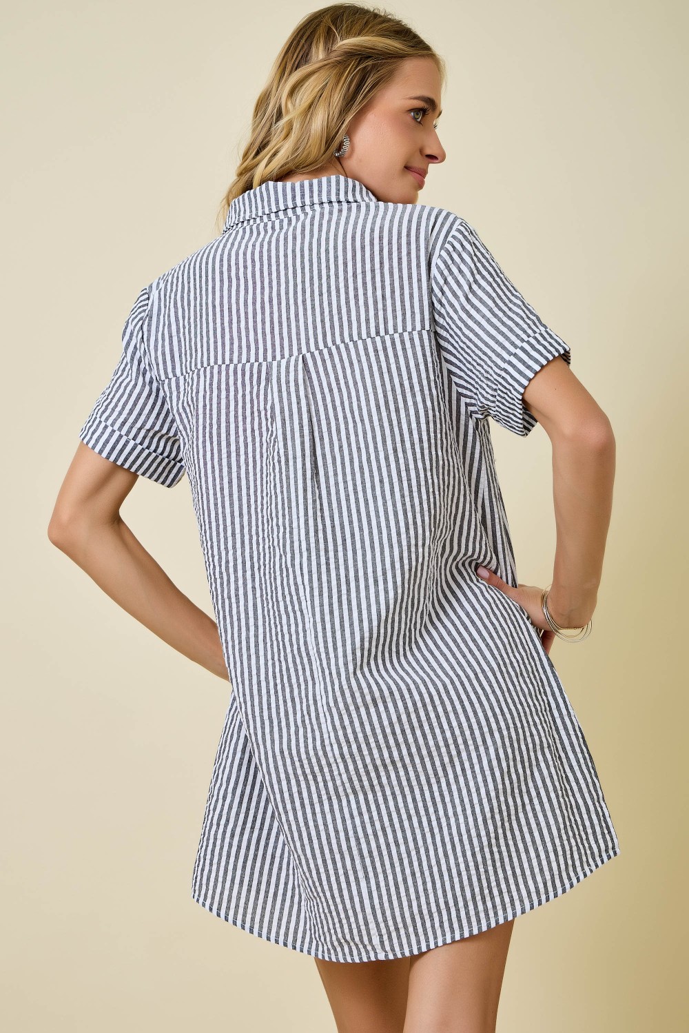 Striped Seersucker Easy Shirt Dress W/ Pockets - Black