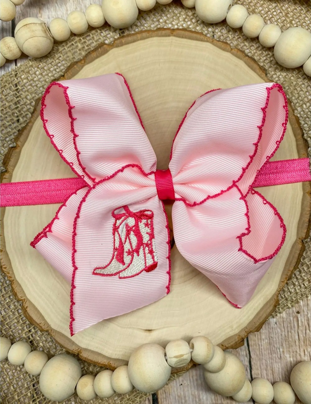 Pink Western Boot Embroidered Bow Headband