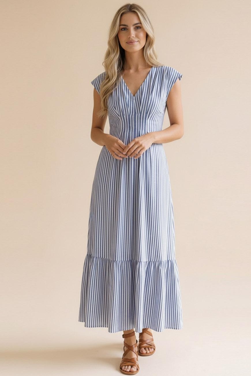 Pleated Back Smocked Waist Stripe Woven Maxi Dress