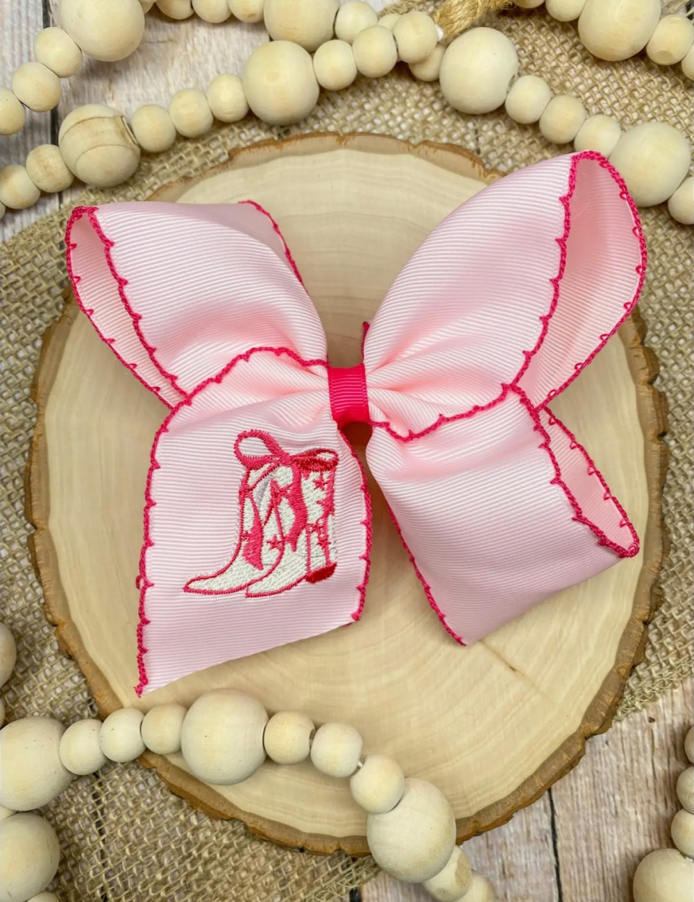 Pink Western Boot Embroidered Bow On Clip