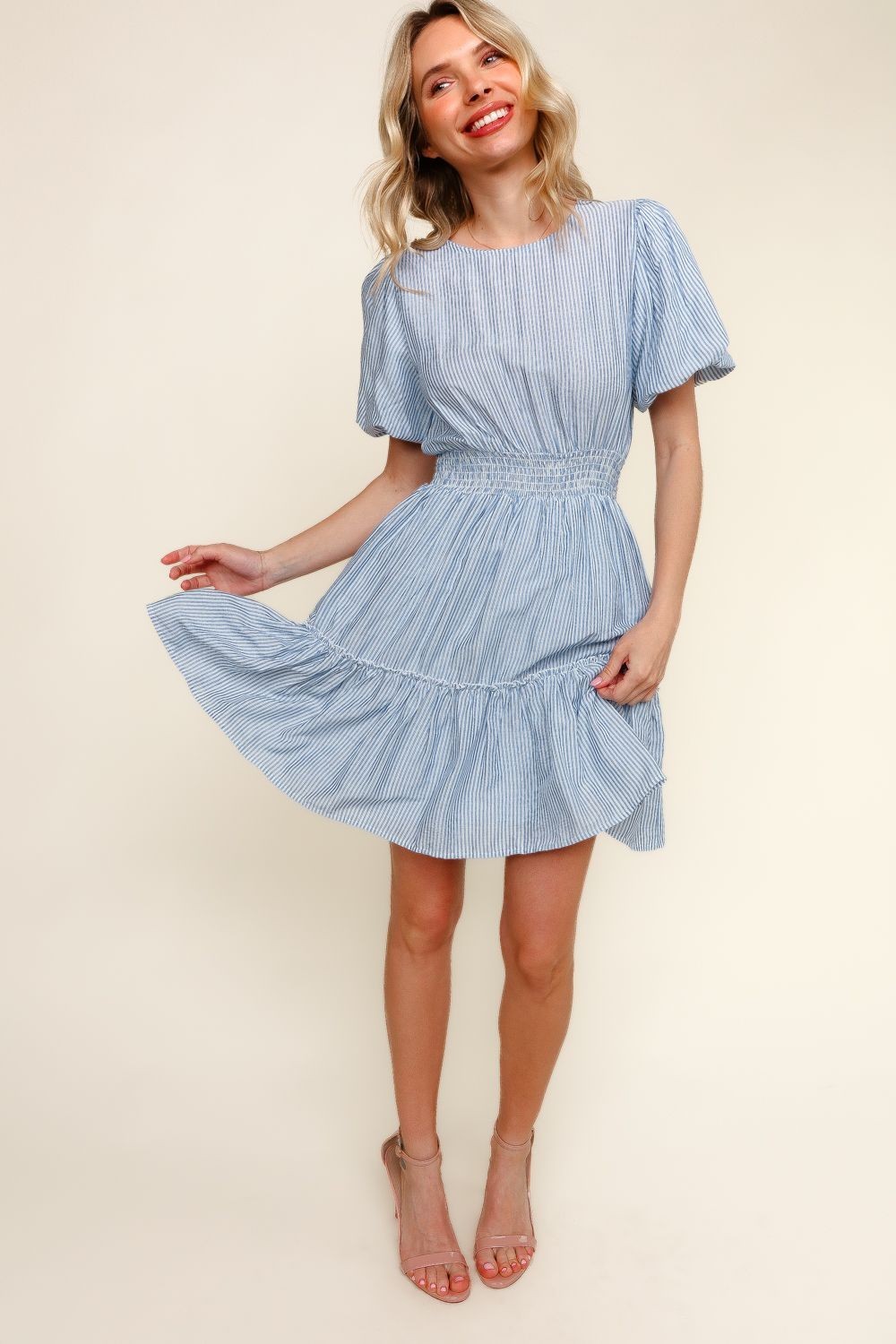 Bubble Sleeve Smock Tiered Stripe Dress