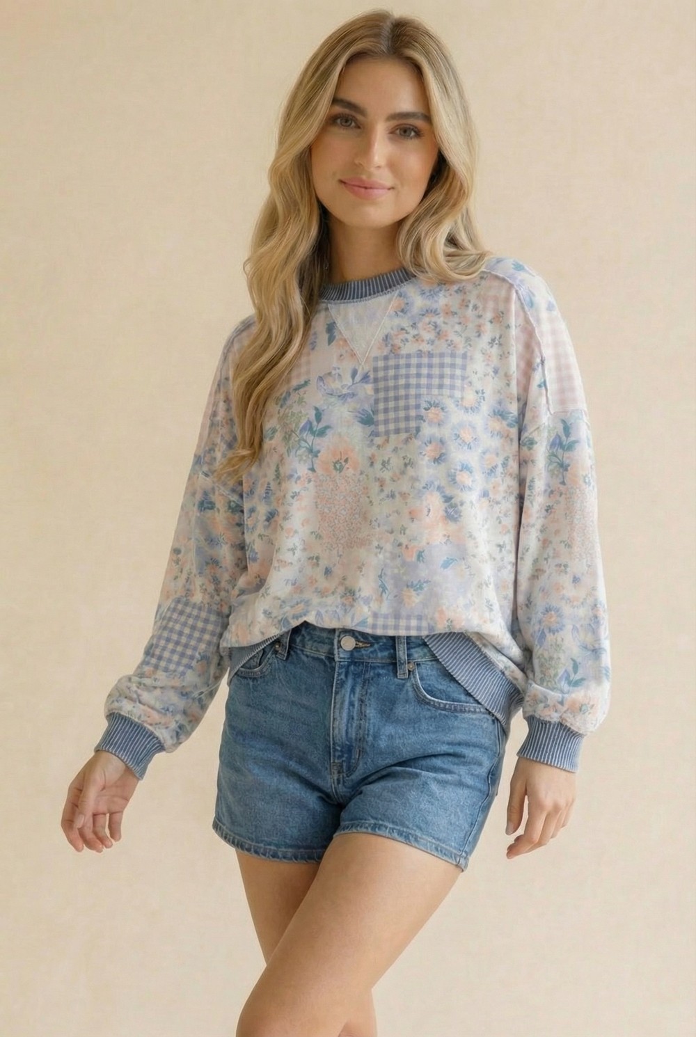 Triangle Oversized Long Sleeve Patchwork Top