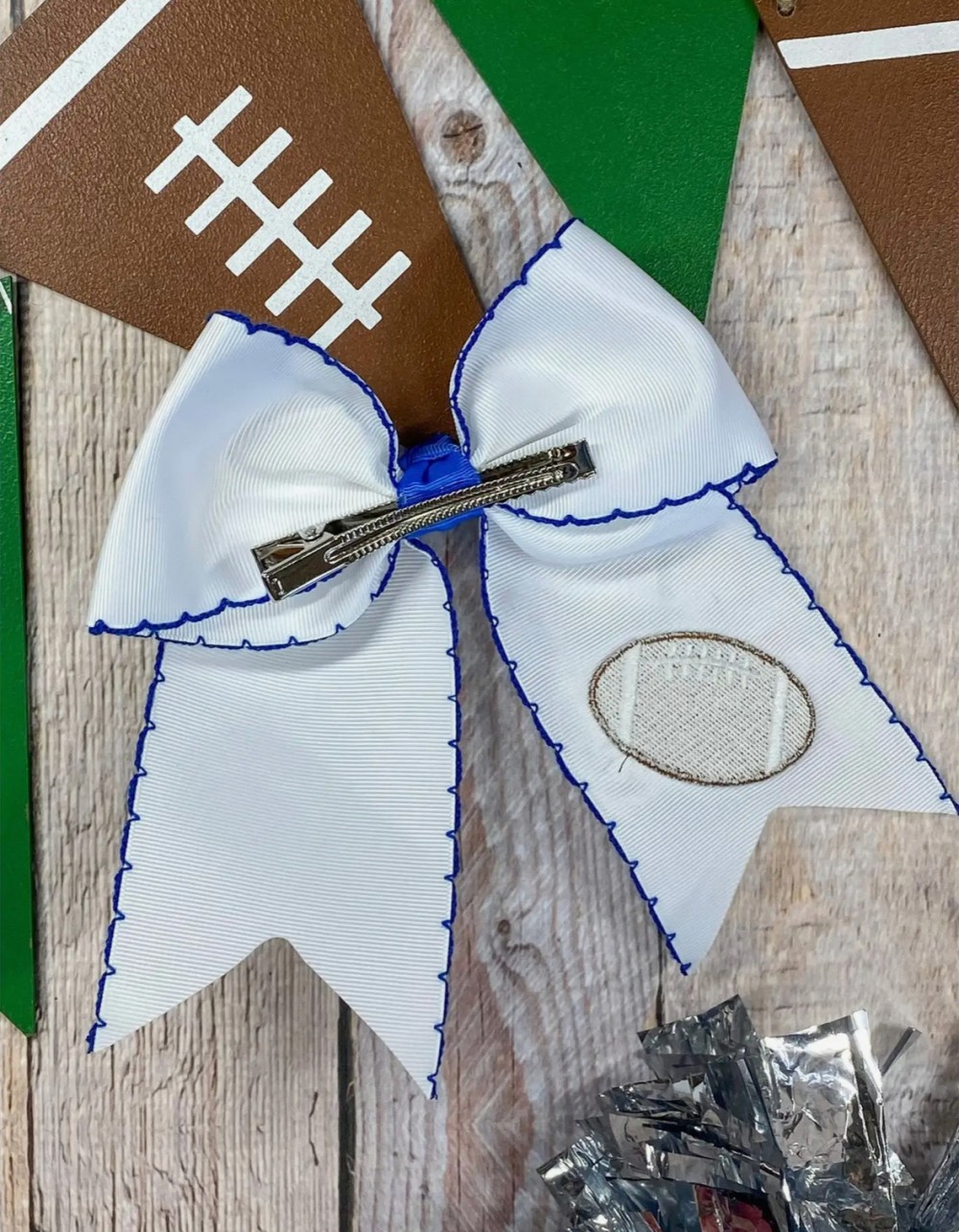 Blue Football Embroidered Cheer Bow On Clip