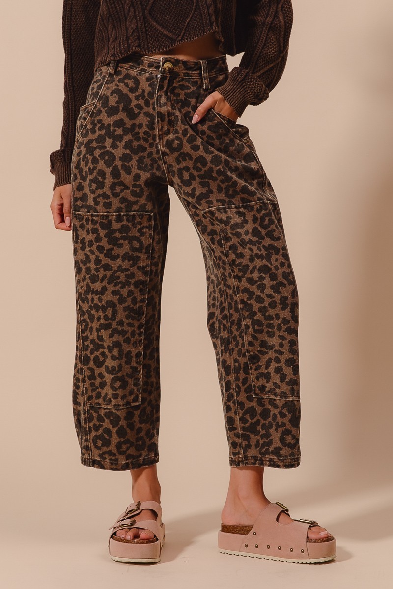 Two Toned Leopard Print Twill Mid Rise Wide Pants