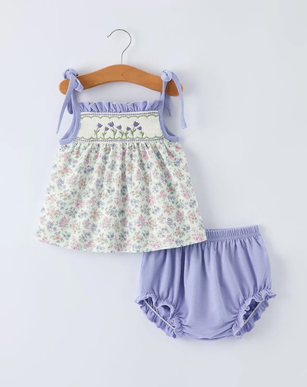 Purple Floral Smocked Embroidery Bloomers Set