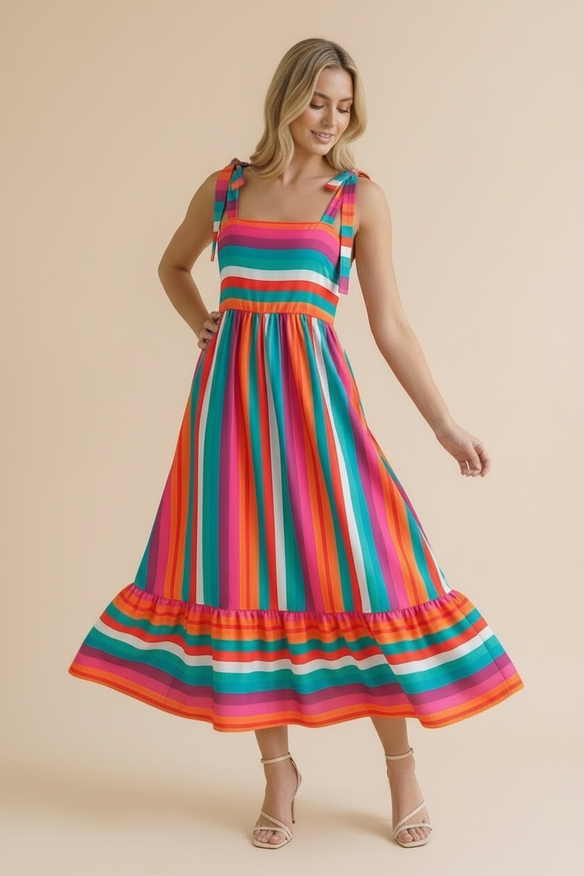 Tie Shoulder Square Neck Striped Maxi Dress