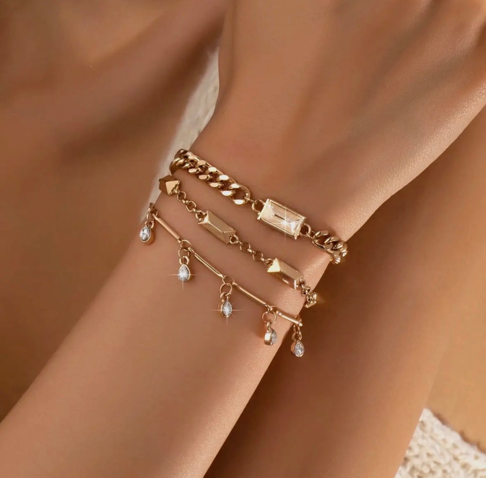 Gold Multi Chain Crystal Drop Layered Bracelet