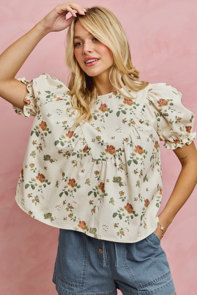 FLORAL ROSE PRINT DENIM SHORT SLEEVES TOP