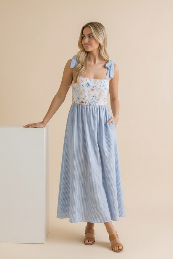 Floral Print Tube Top Bow Strap Dress -Blue